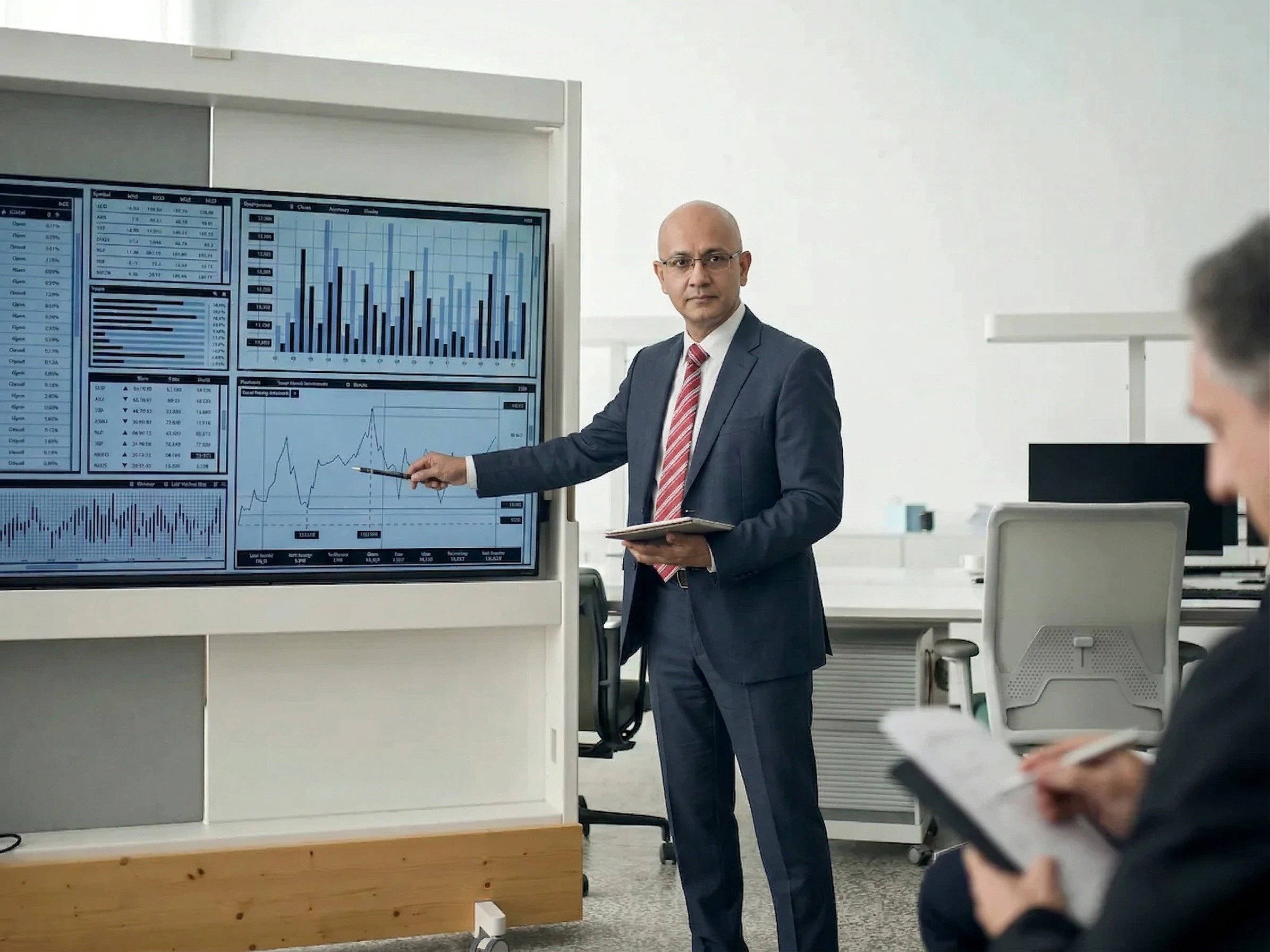 Executive presenting performance dashboards on a large office display